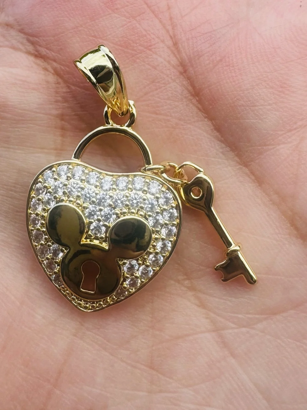 Gold Filled Mouse Heart Lock & Key CZ Pendant